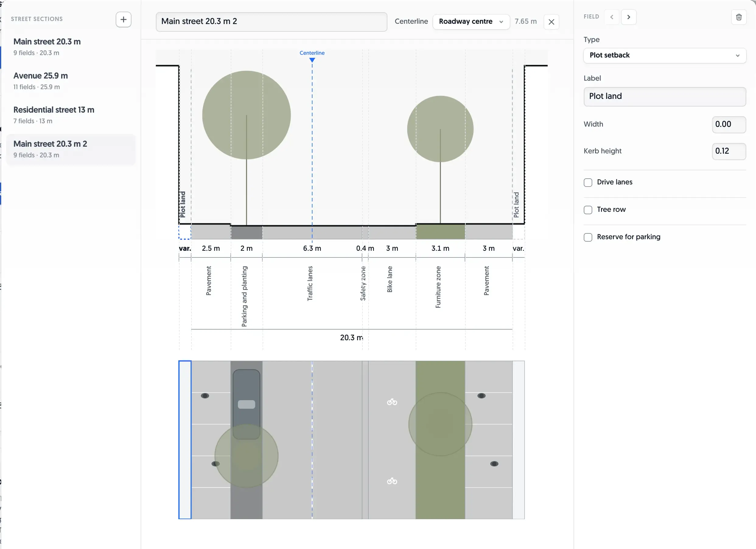 The Spacio street section editor: the Main street template drawn at true scale as a cross-section, with the plan strip beneath it on the same axis