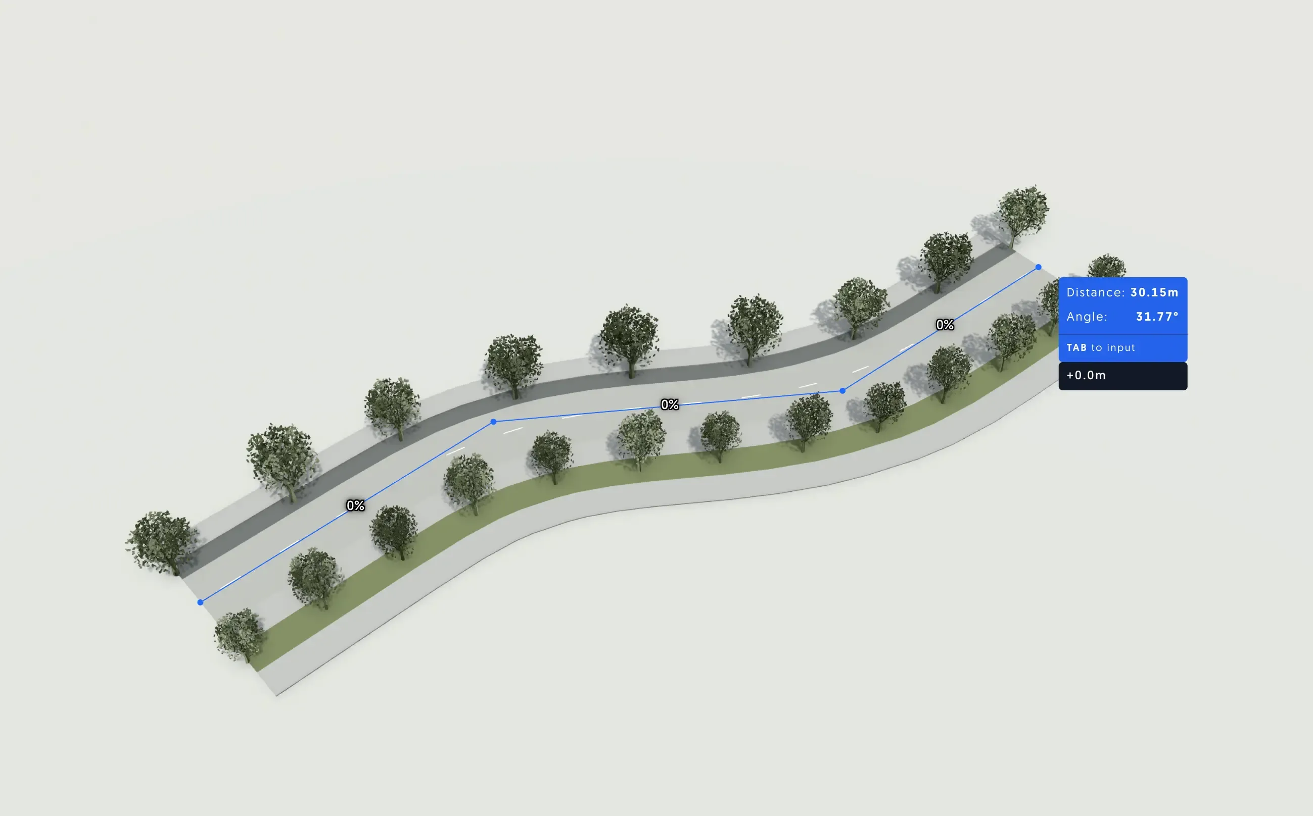 A curved street drawn in Spacio, with its section swept along the centreline and rows of street trees on both sides
