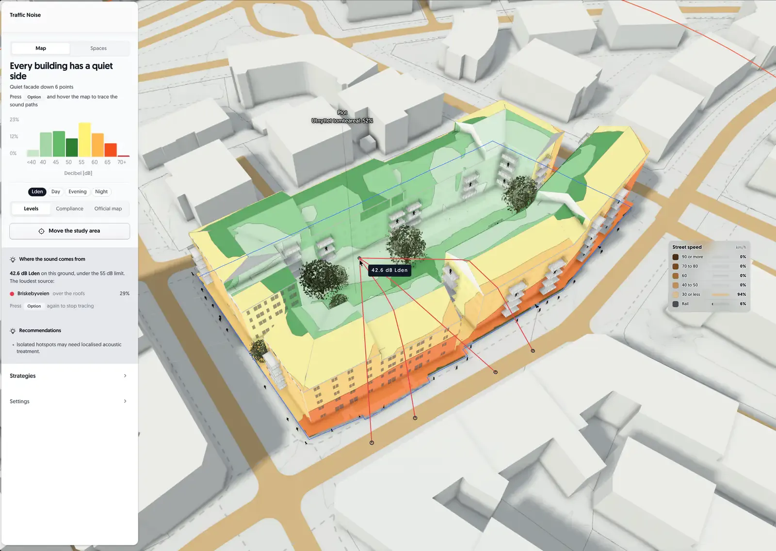 Inspect mode: the traced paths to one point in the courtyard, 42.6 dB Lden, and the street that makes it loud