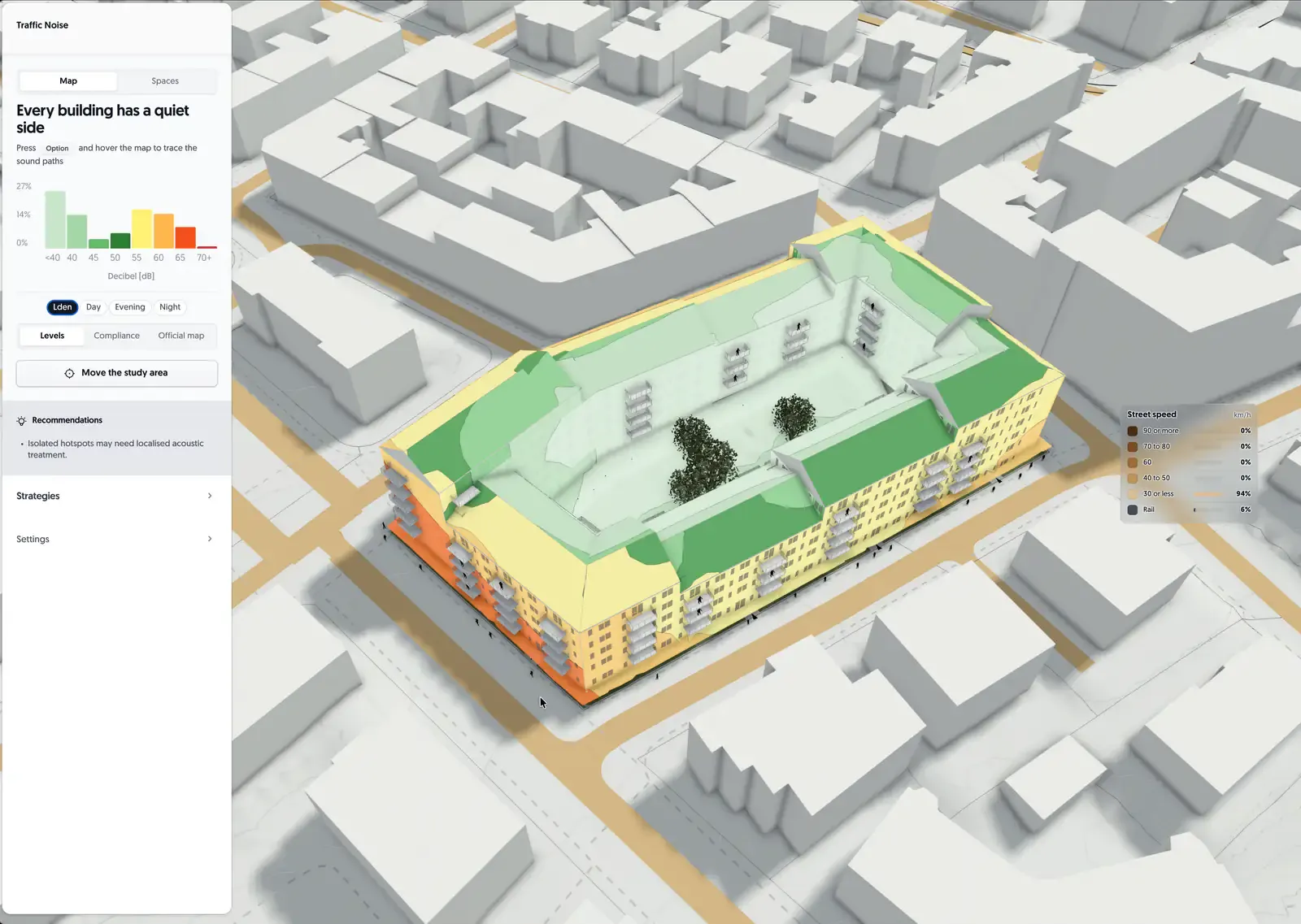A perimeter block closed on all four sides: the courtyard facades and roofs fall into the quiet bands