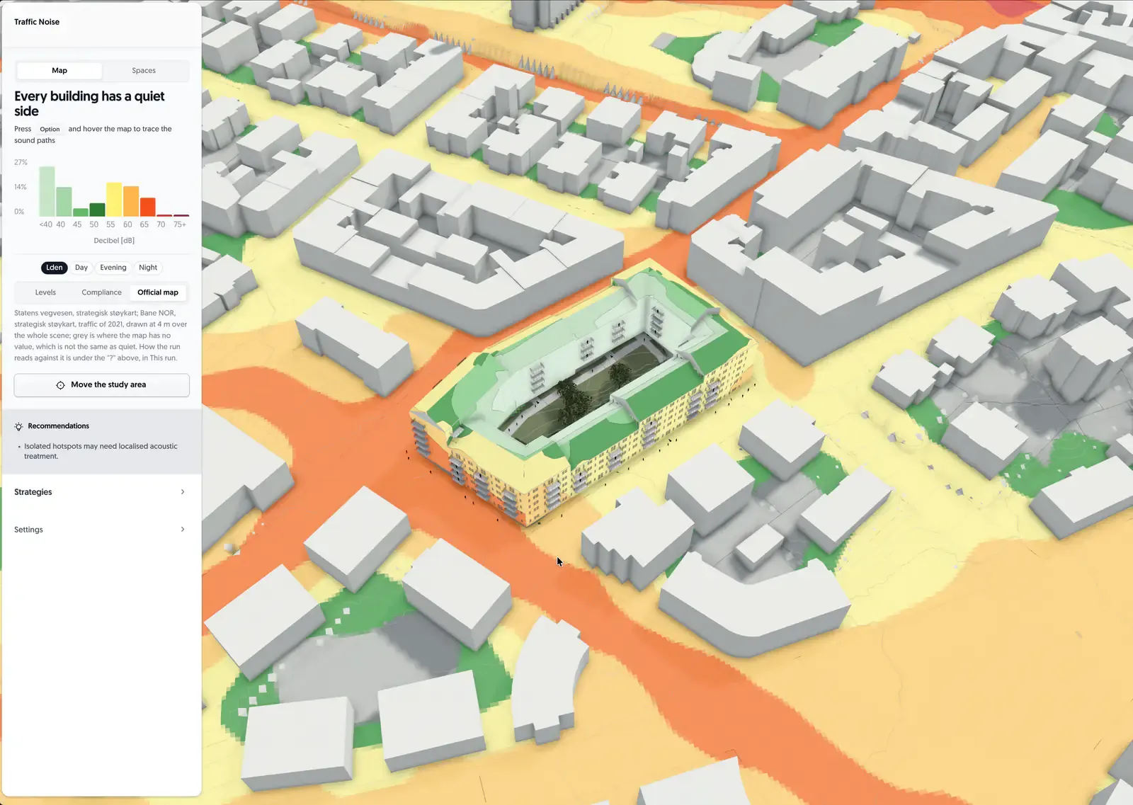Statens vegvesen's strategic noise map draped on the terrain, with the run's facades on top
