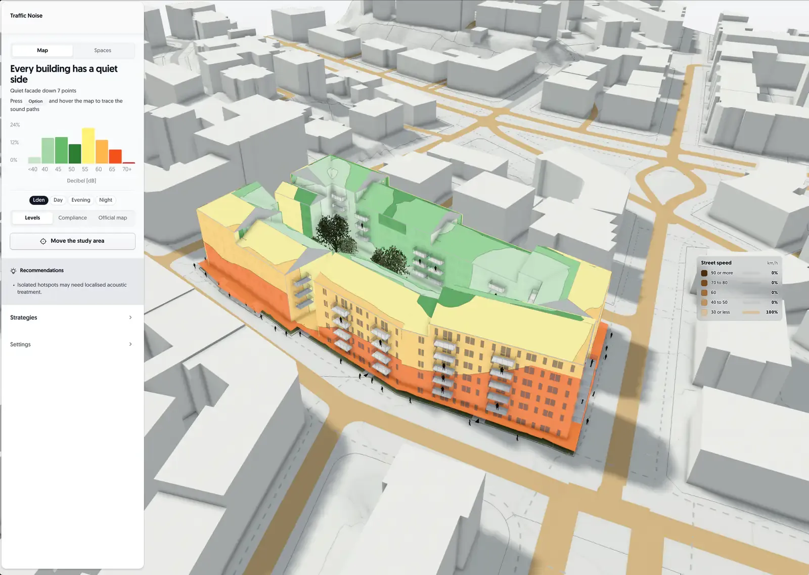 A courtyard block in Traffic Noise, every facade and roof in the 5 dB bands, with the verdict: every building has a quiet side