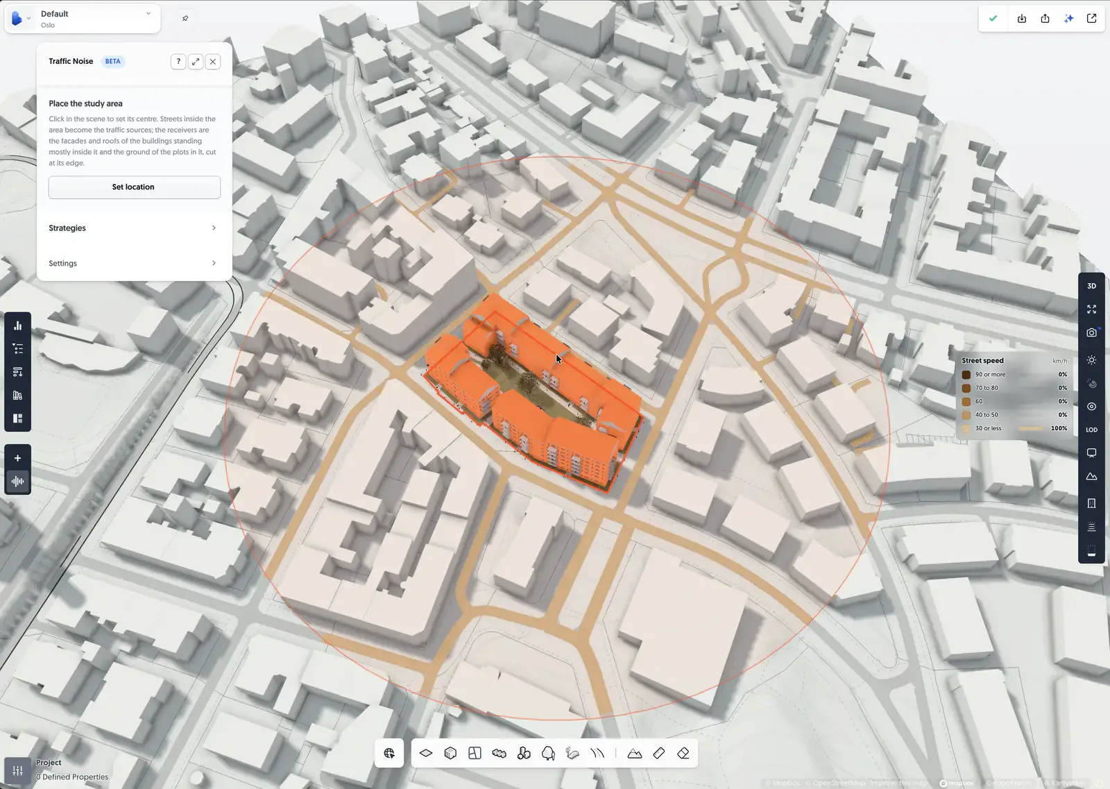 Placing the study area: the disc over the block, the buildings the run will read lit, the streets coloured by speed