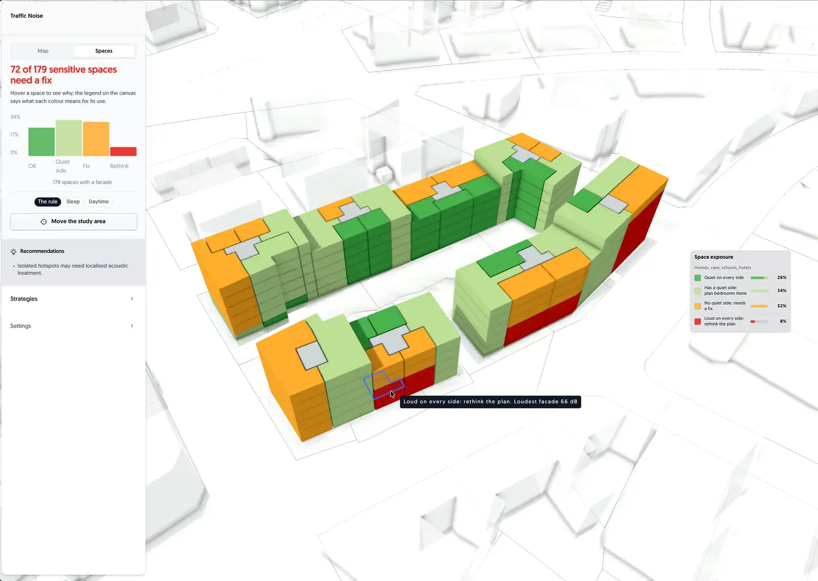 The Spaces view: 72 of 179 sensitive spaces need a fix, each space coloured by its quiet side