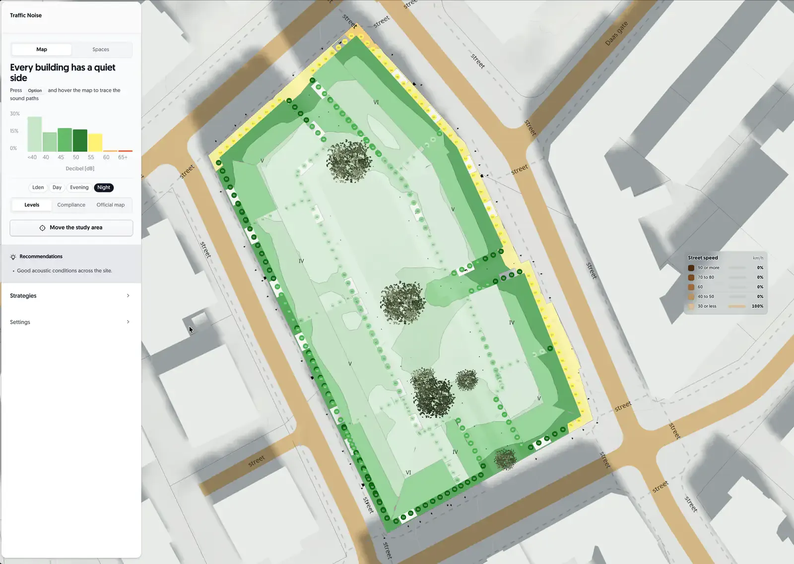 Plan view in the night period: receivers along every facade, the verdict and the band chart in the panel