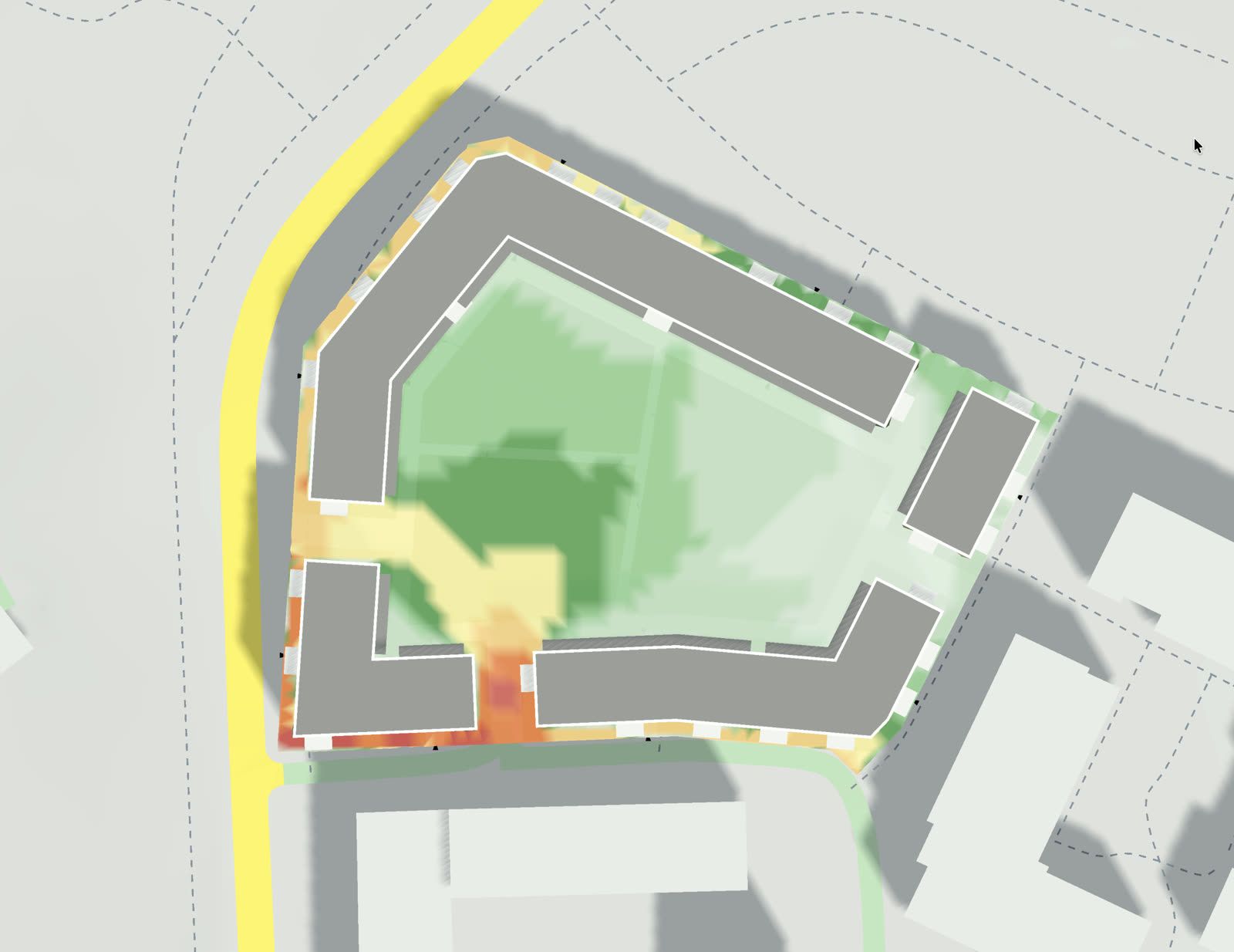 A continuous perimeter block shielding a quiet inner courtyard