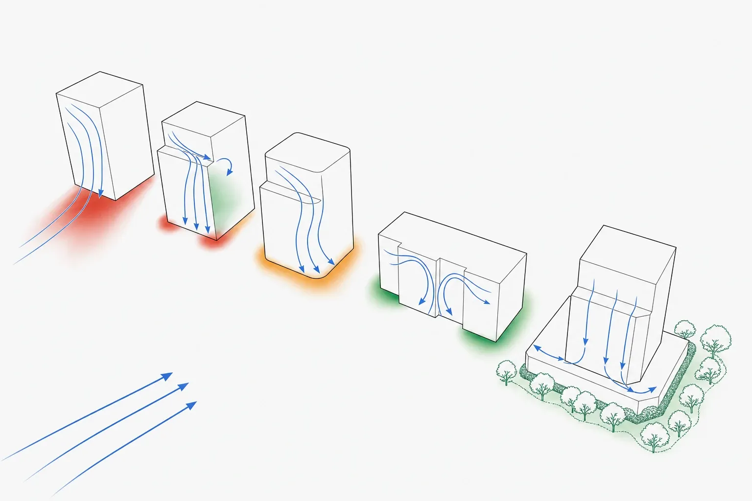 Massing variations showing setbacks, chamfers and a podium calming the ground plane