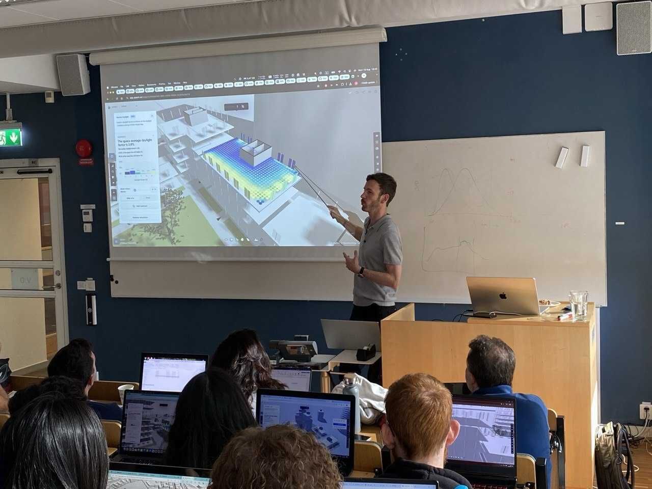 Franz Forsberg teaching Spacio daylight analysis to architecture students in a university classroom